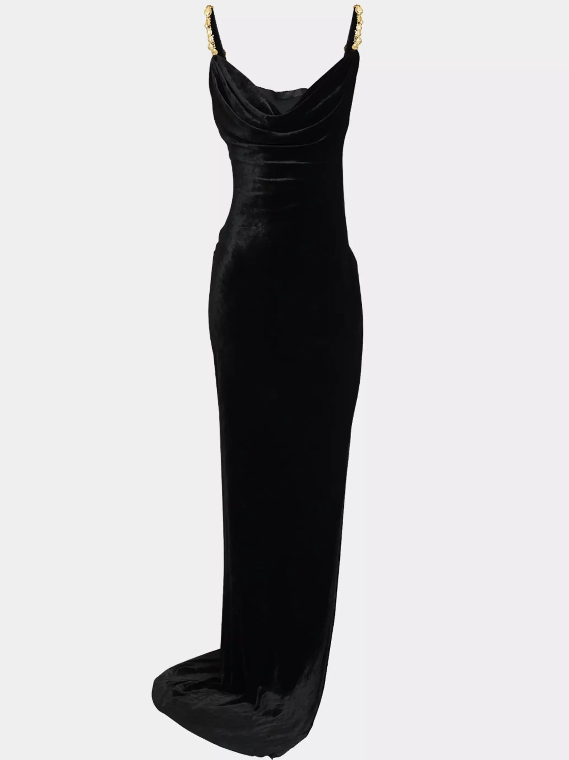 Black Velvet Draped Gown with Embellished Straps - Dresses