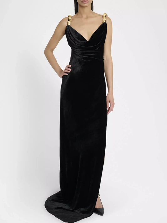 Black Velvet Draped Gown with Embellished Straps - S - Dresses