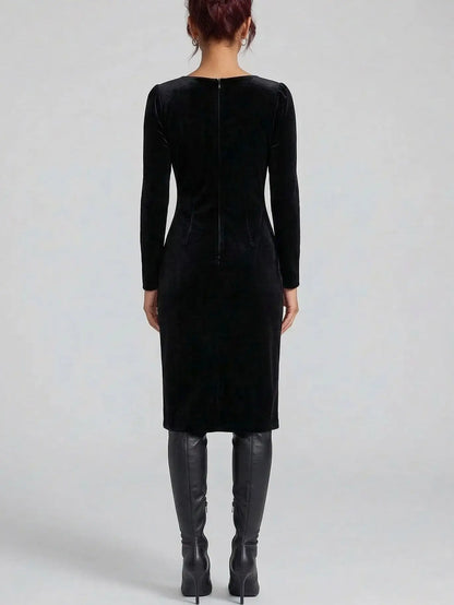 Black Velvet Dress with Crystal V-Neckline - Dresses