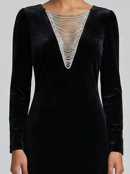 Black Velvet Dress with Crystal V-Neckline - Dresses