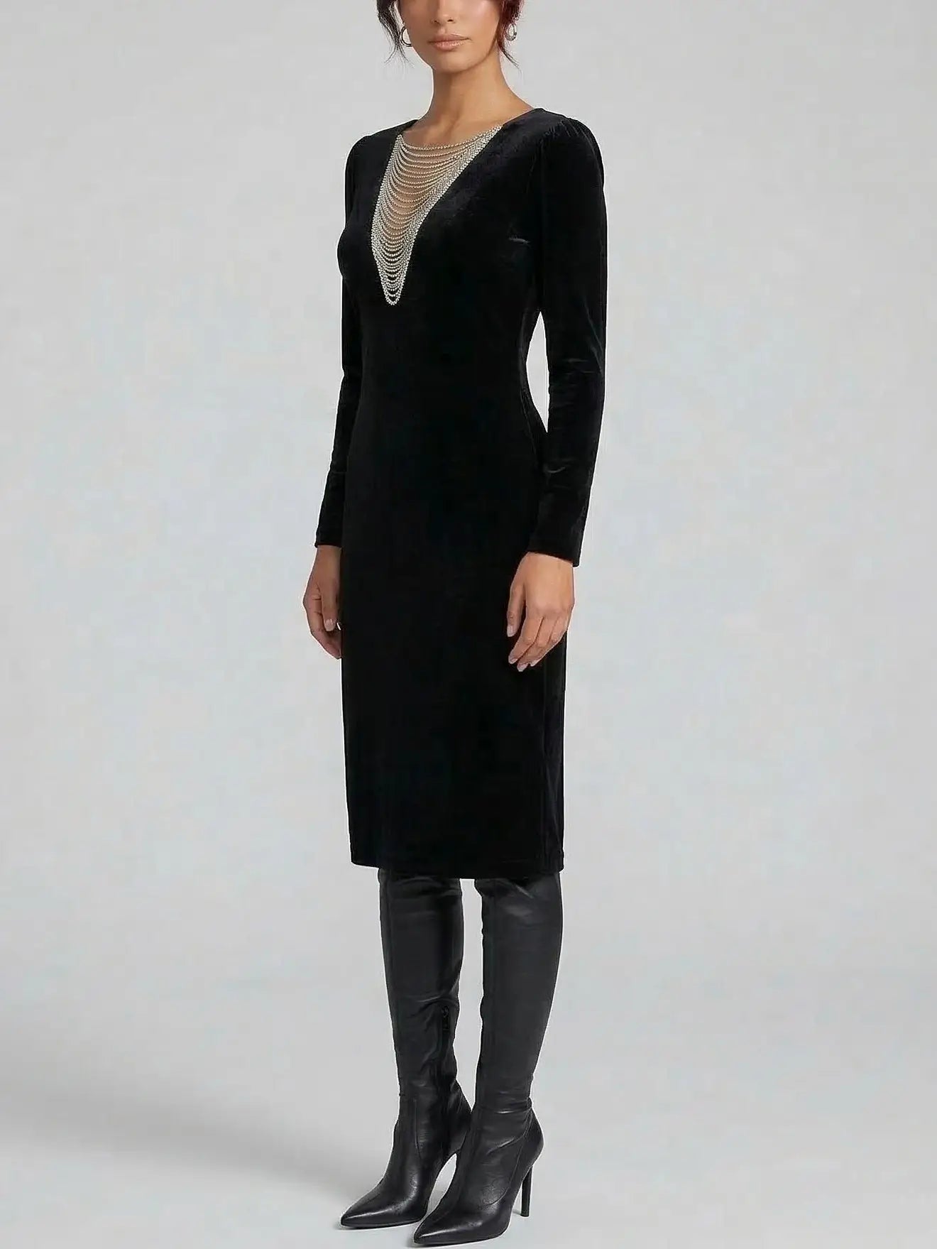 Black Velvet Dress with Crystal V-Neckline - Dresses