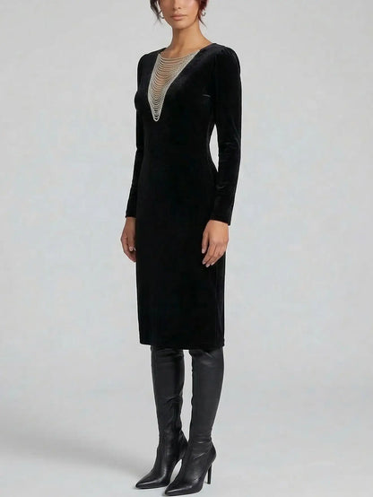 Black Velvet Dress with Crystal V-Neckline - Dresses