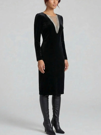 Black Velvet Dress with Crystal V-Neckline - Dresses