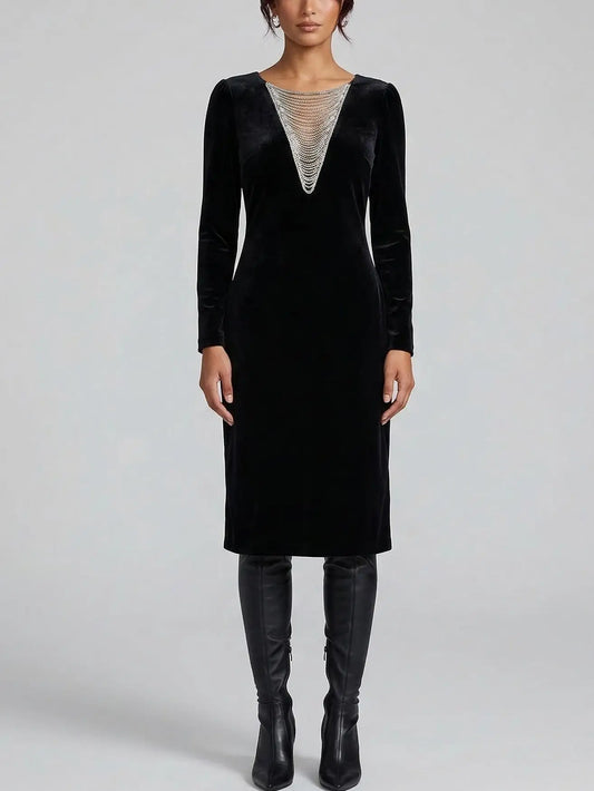 Black Velvet Dress with Crystal V-Neckline - Dresses