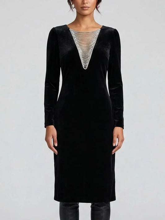 Black Velvet Dress with Crystal V-Neckline - Small - Dresses