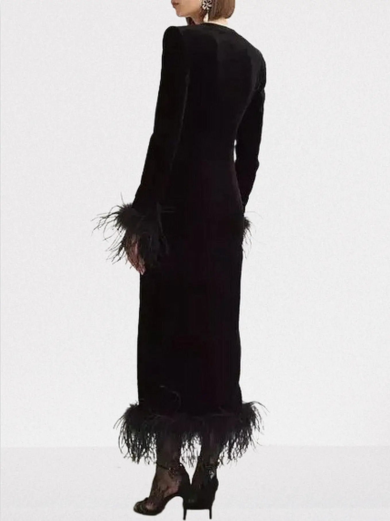 Black Velvet Feather-Trim Midi Dress - Dresses