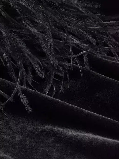 Black Velvet Feather-Trim Midi Dress - Dresses