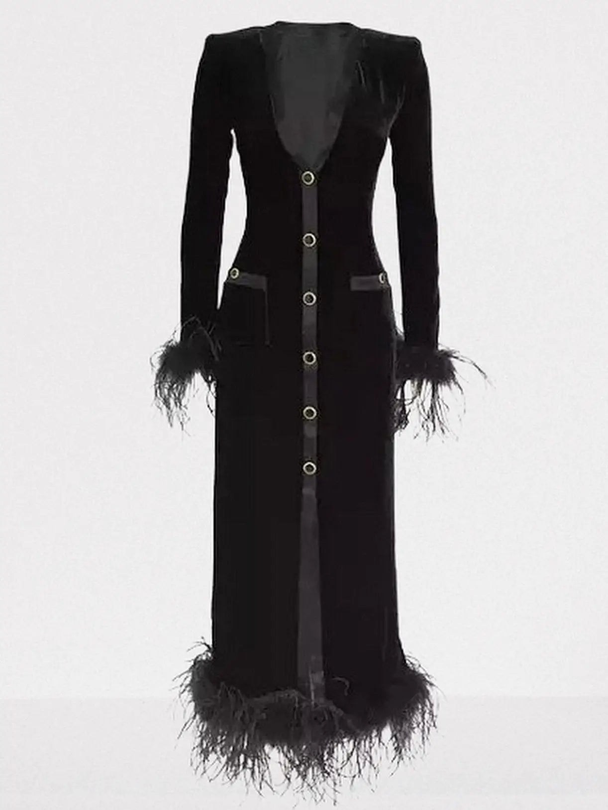 Black Velvet Feather-Trim Midi Dress - Dresses