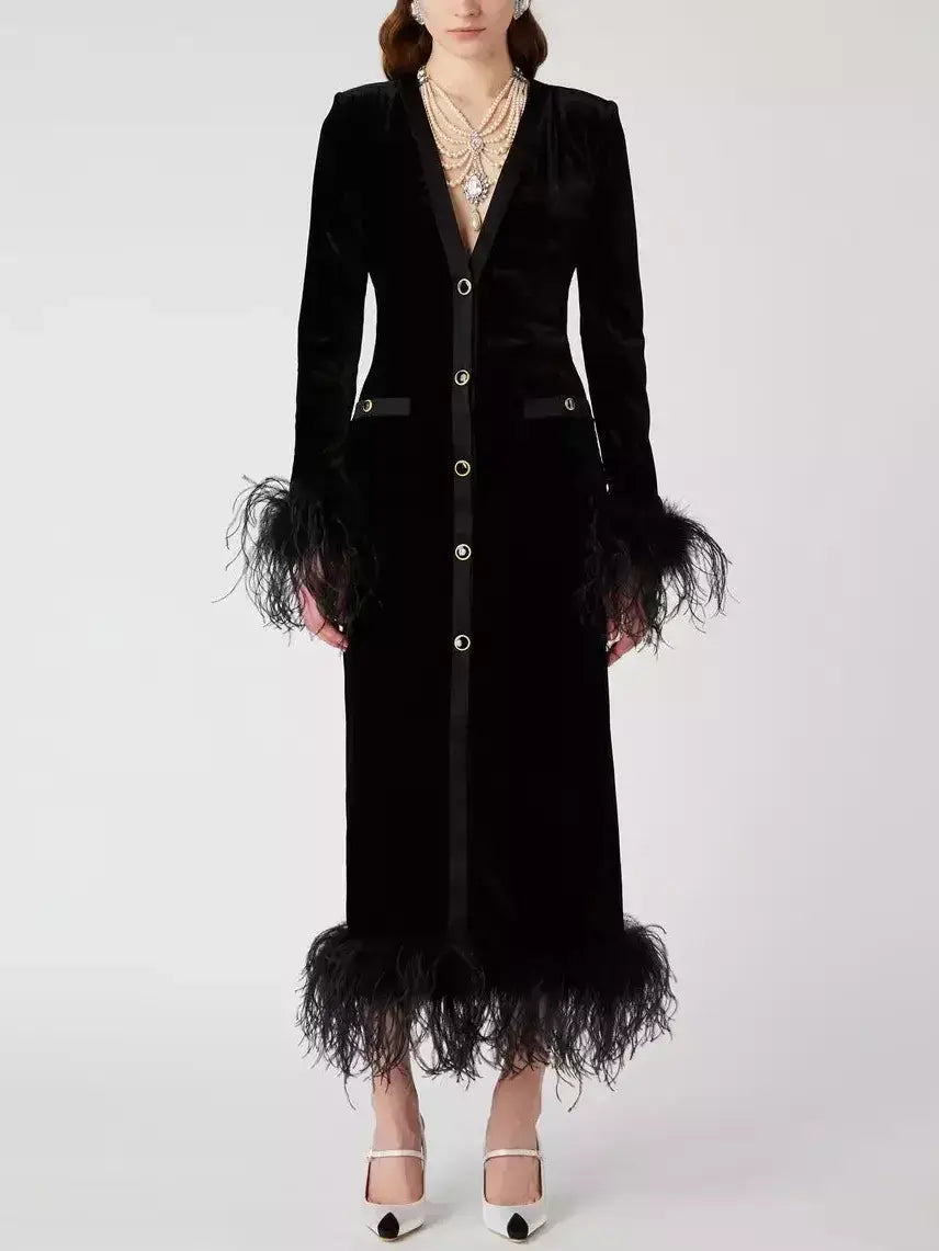 Black Velvet Feather-Trim Midi Dress - Dresses
