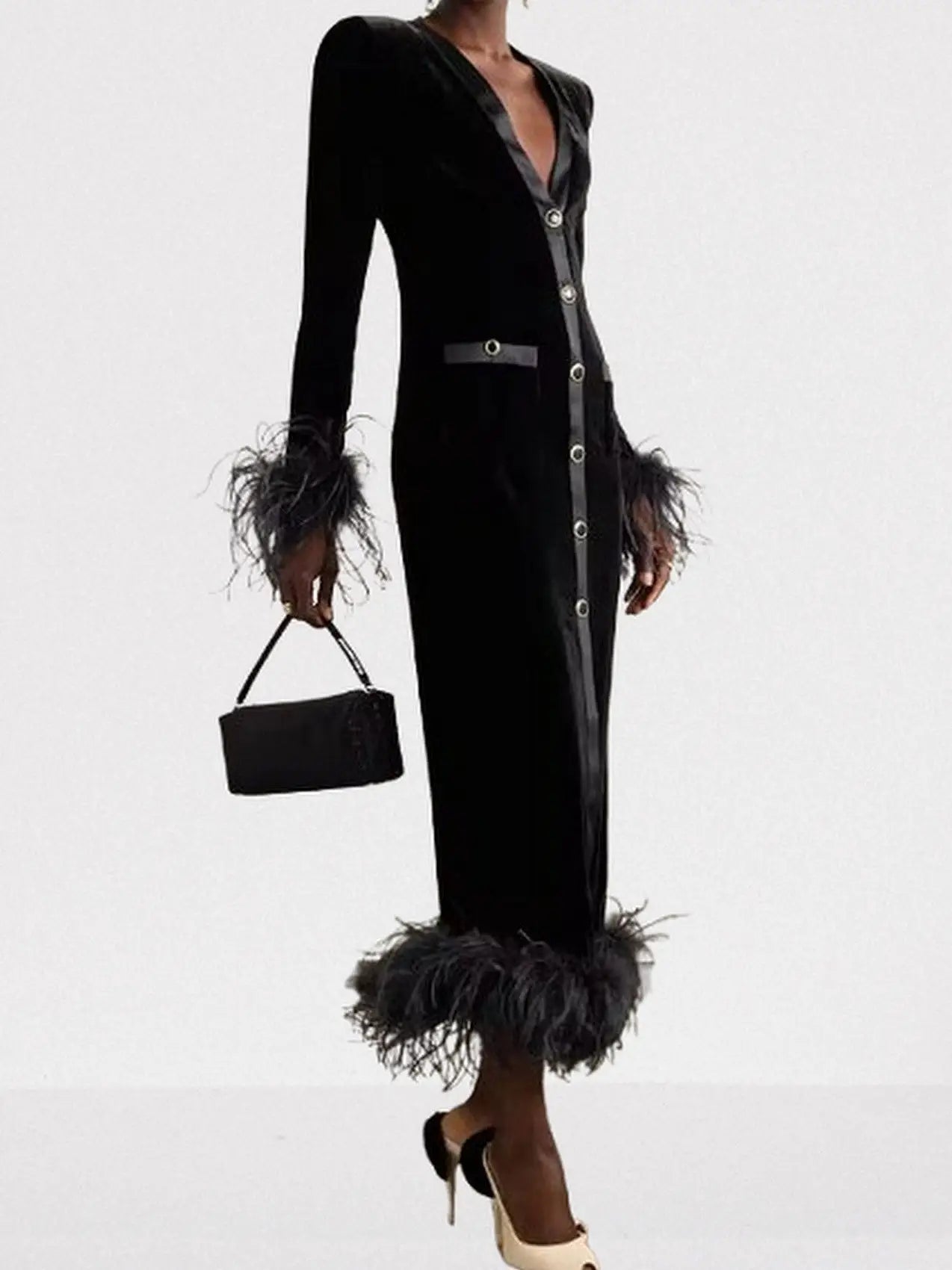Black Velvet Feather-Trim Midi Dress - Dresses