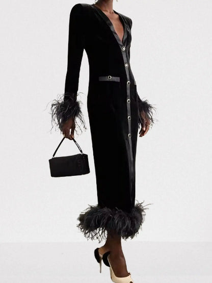 Black Velvet Feather-Trim Midi Dress - Dresses