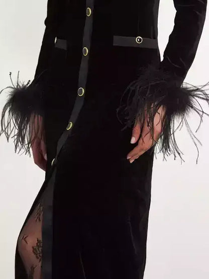 Black Velvet Feather-Trim Midi Dress - Dresses