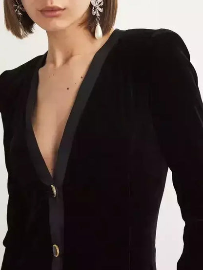 Black Velvet Feather-Trim Midi Dress - Dresses