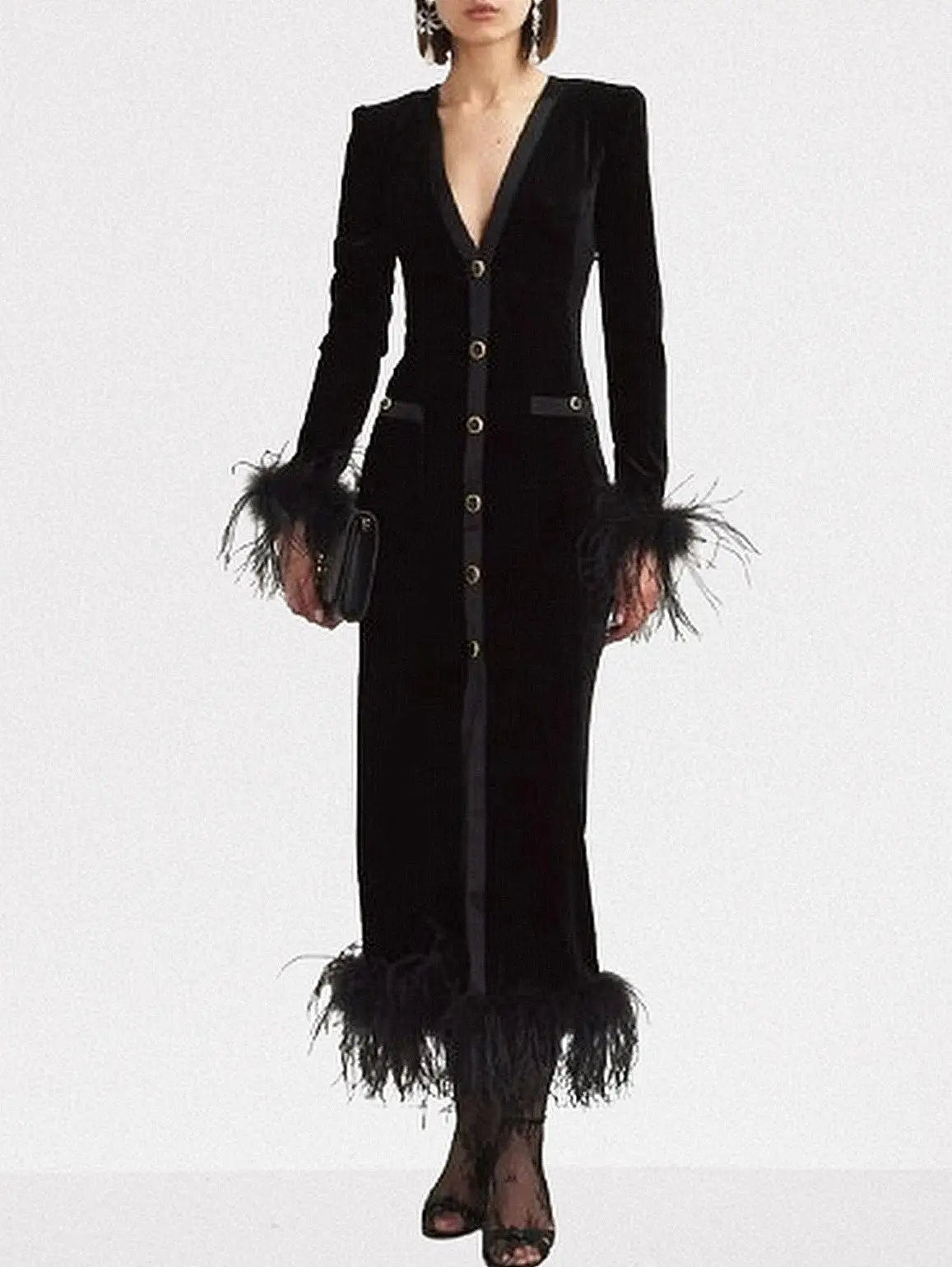 Black Velvet Feather-Trim Midi Dress - Dresses