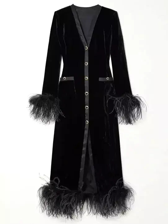 Black Velvet Feather-Trim Midi Dress - Dresses