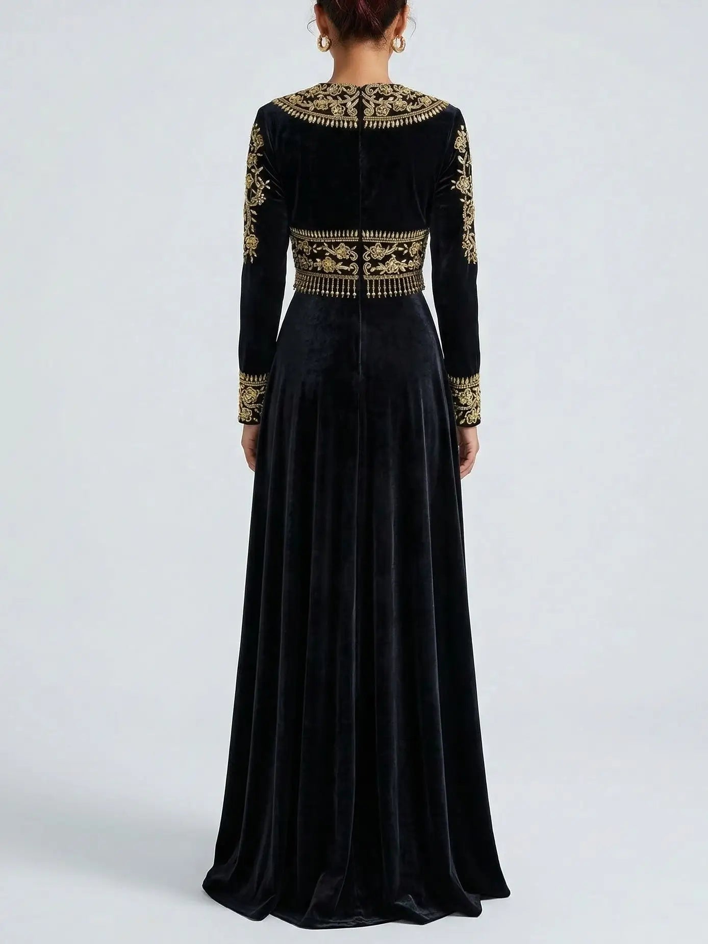 Black Velvet Gold Embroidered Jacket and Skirt Set - Suits & Sets