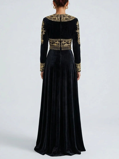 Black Velvet Gold Embroidered Jacket and Skirt Set - Suits & Sets