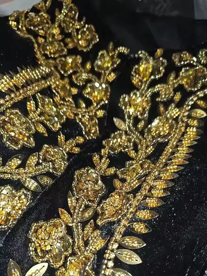 Black Velvet Gold Embroidered Jacket and Skirt Set - Suits & Sets