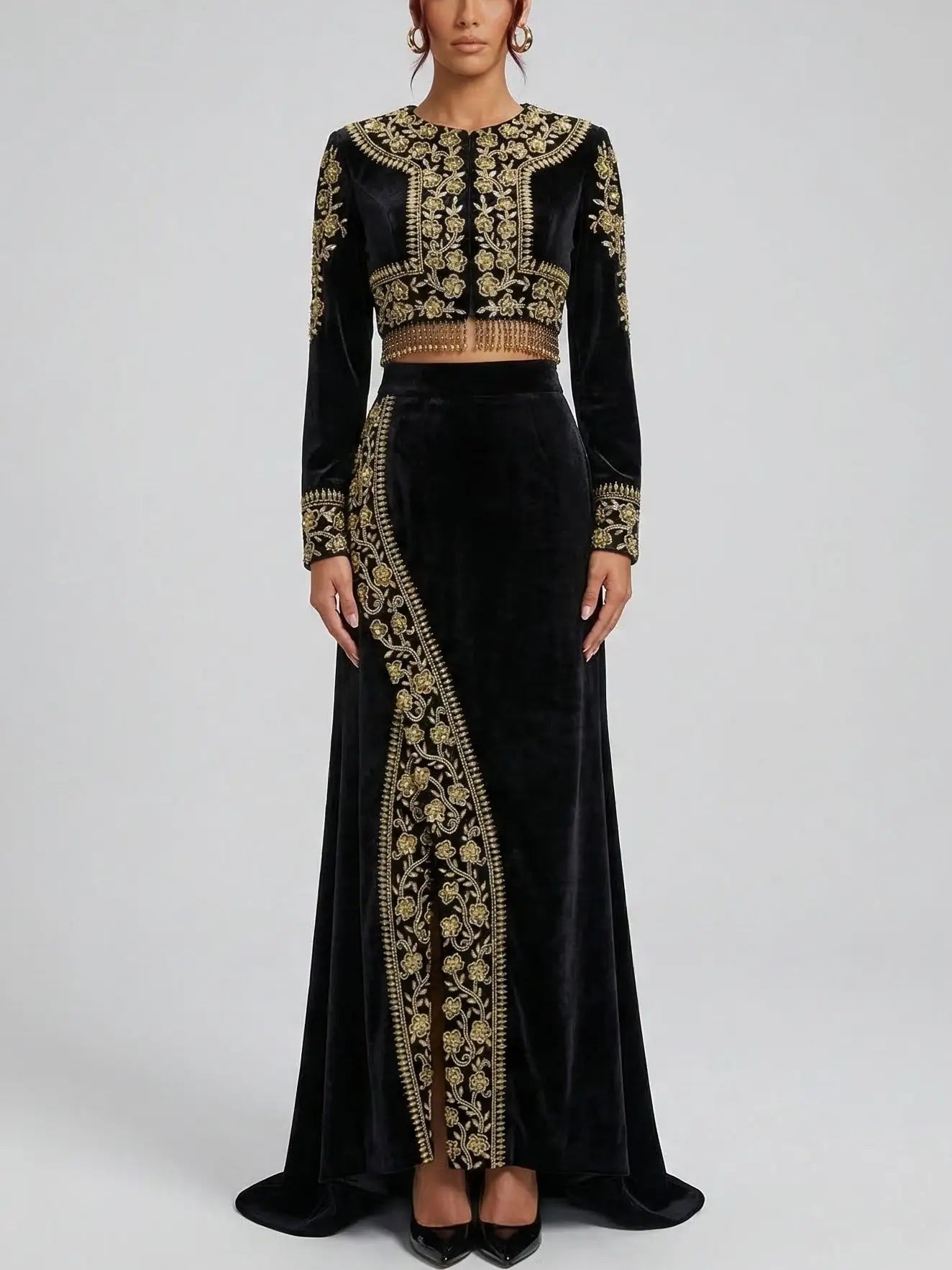 Black Velvet Gold Embroidered Jacket and Skirt Set - Suits & Sets