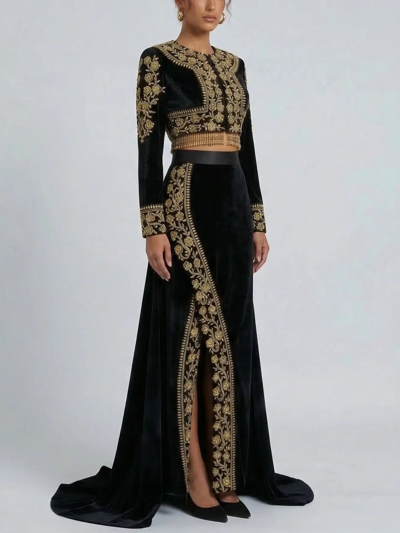 Black Velvet Gold Embroidered Jacket and Skirt Set - Suits & Sets