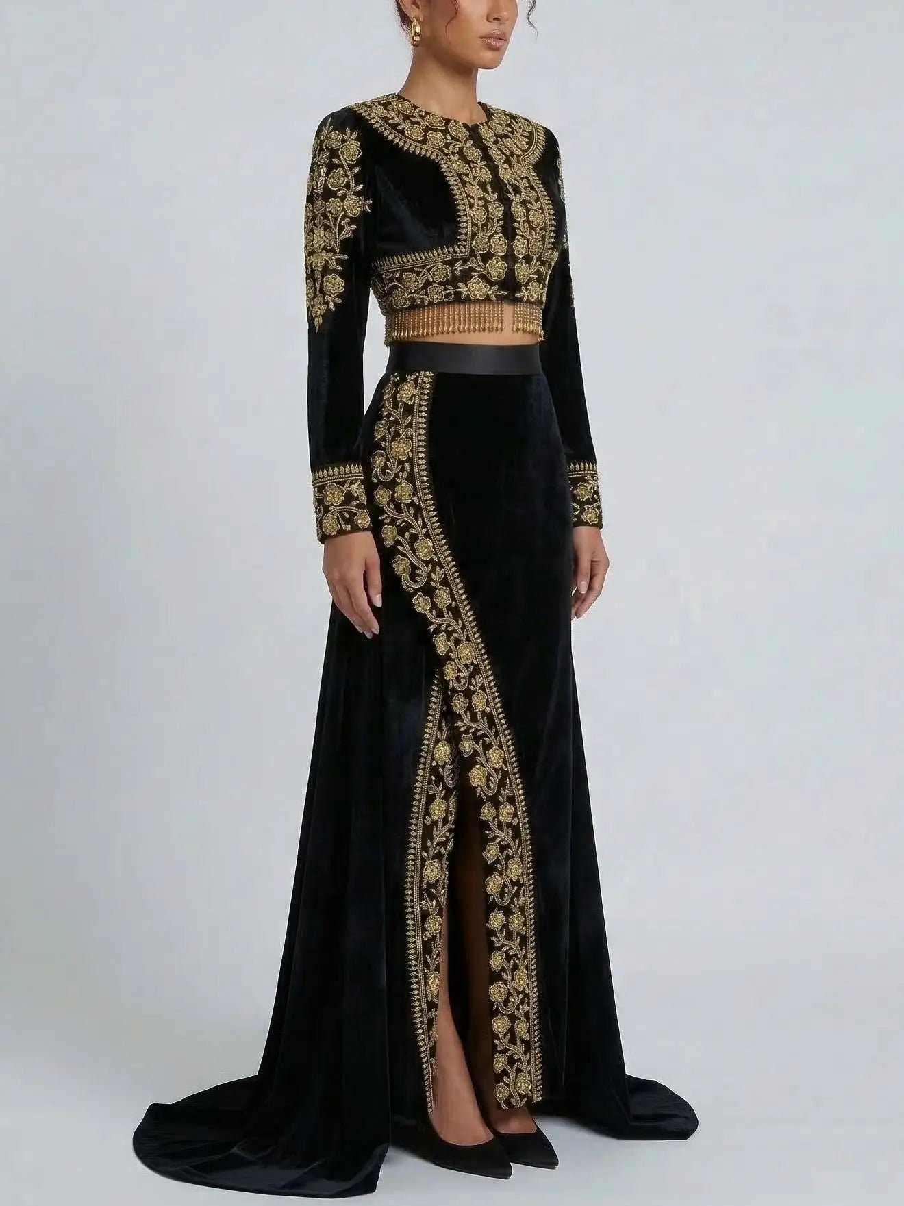 Black Velvet Gold Embroidered Jacket and Skirt Set - Suits & Sets