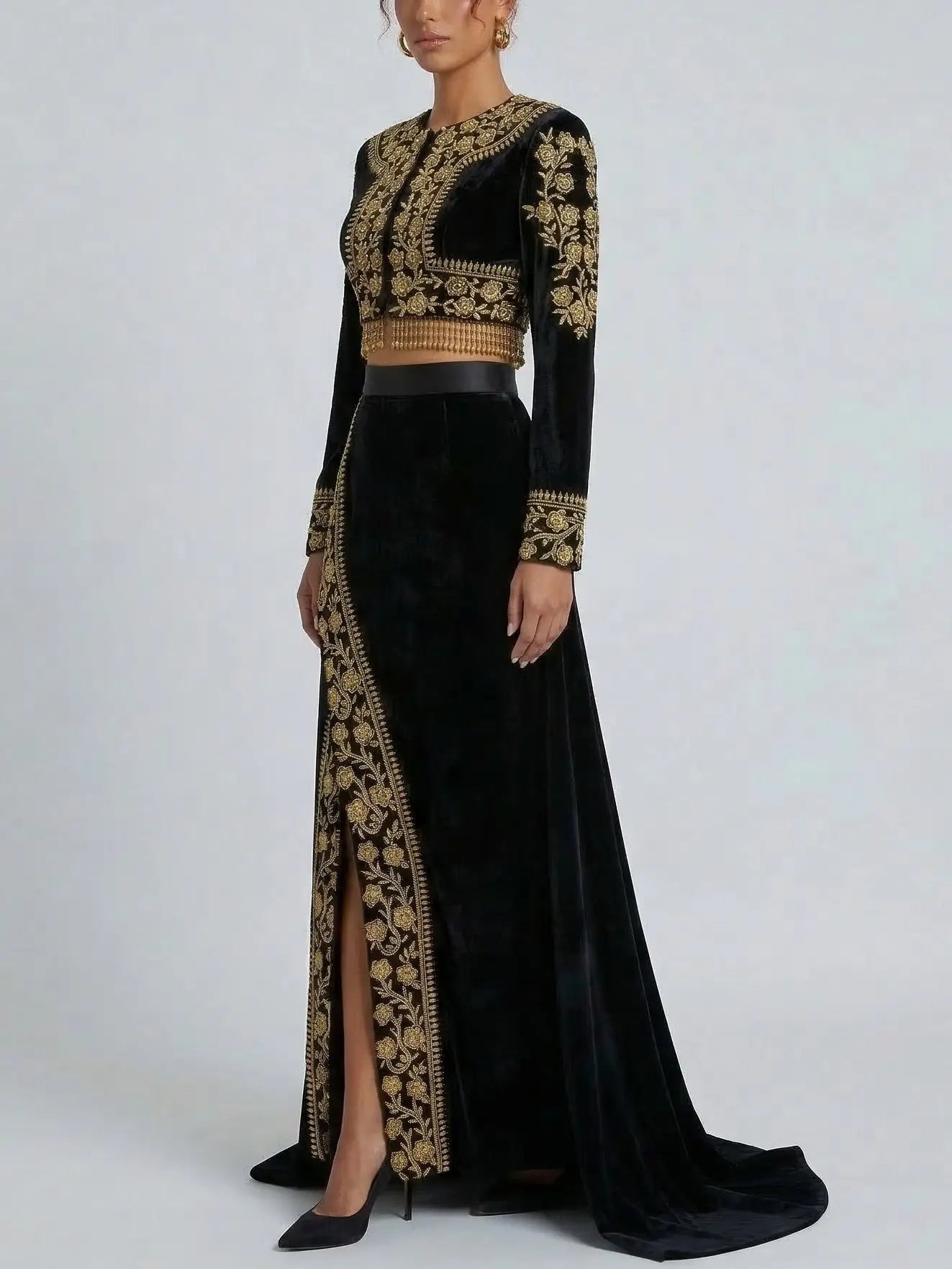Black Velvet Gold Embroidered Jacket and Skirt Set - Suits & Sets