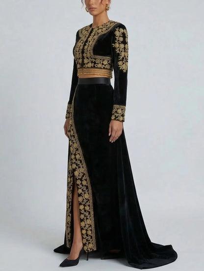 Black Velvet Gold Embroidered Jacket and Skirt Set - Suits & Sets