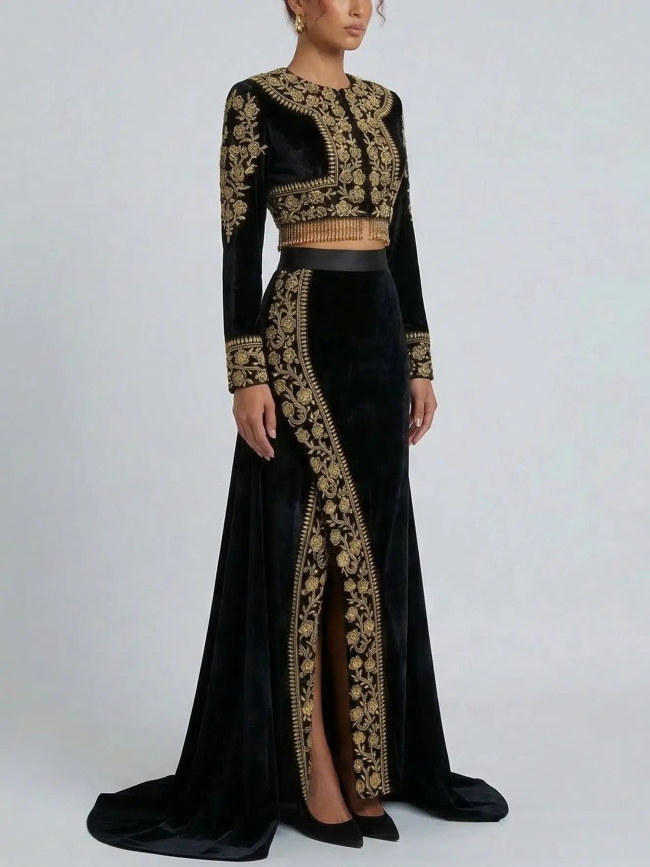 Black Velvet Gold Embroidered Jacket and Skirt Set - Suits & Sets