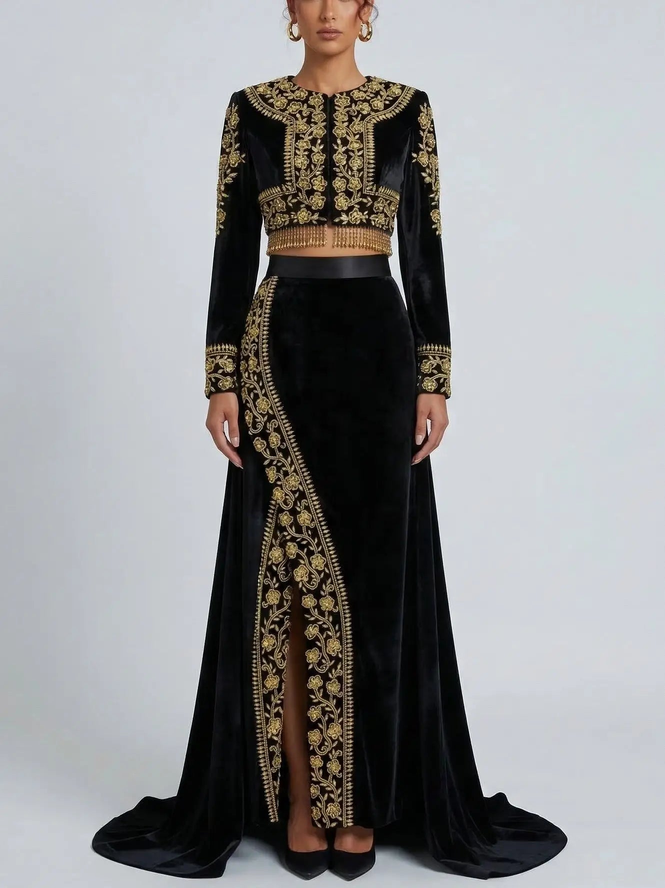Black Velvet Gold Embroidered Jacket and Skirt Set - Suits & Sets