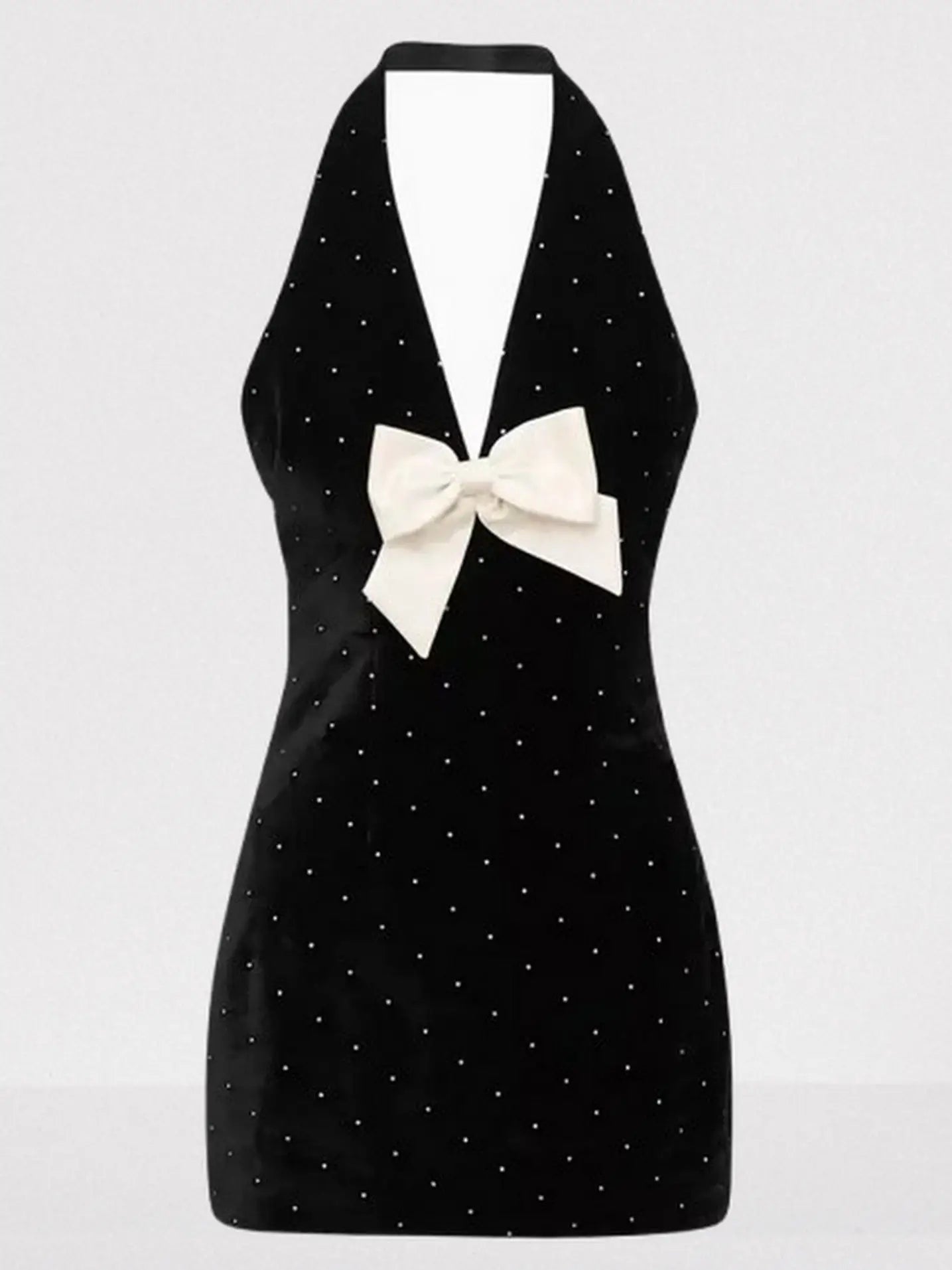 Black Velvet Halter Mini Dress with Rhinestones and Bow - Dresses
