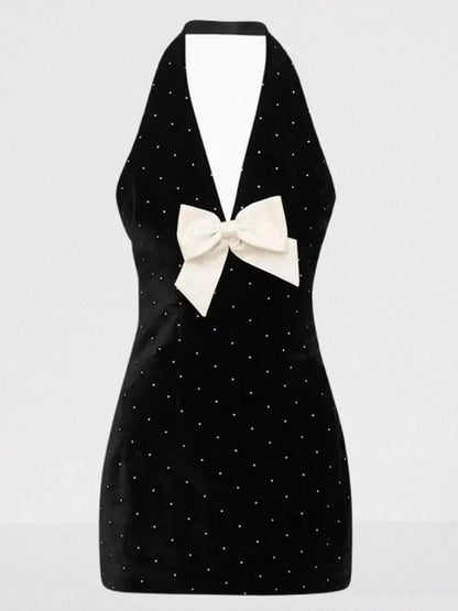 Black Velvet Halter Mini Dress with Rhinestones and Bow - Dresses