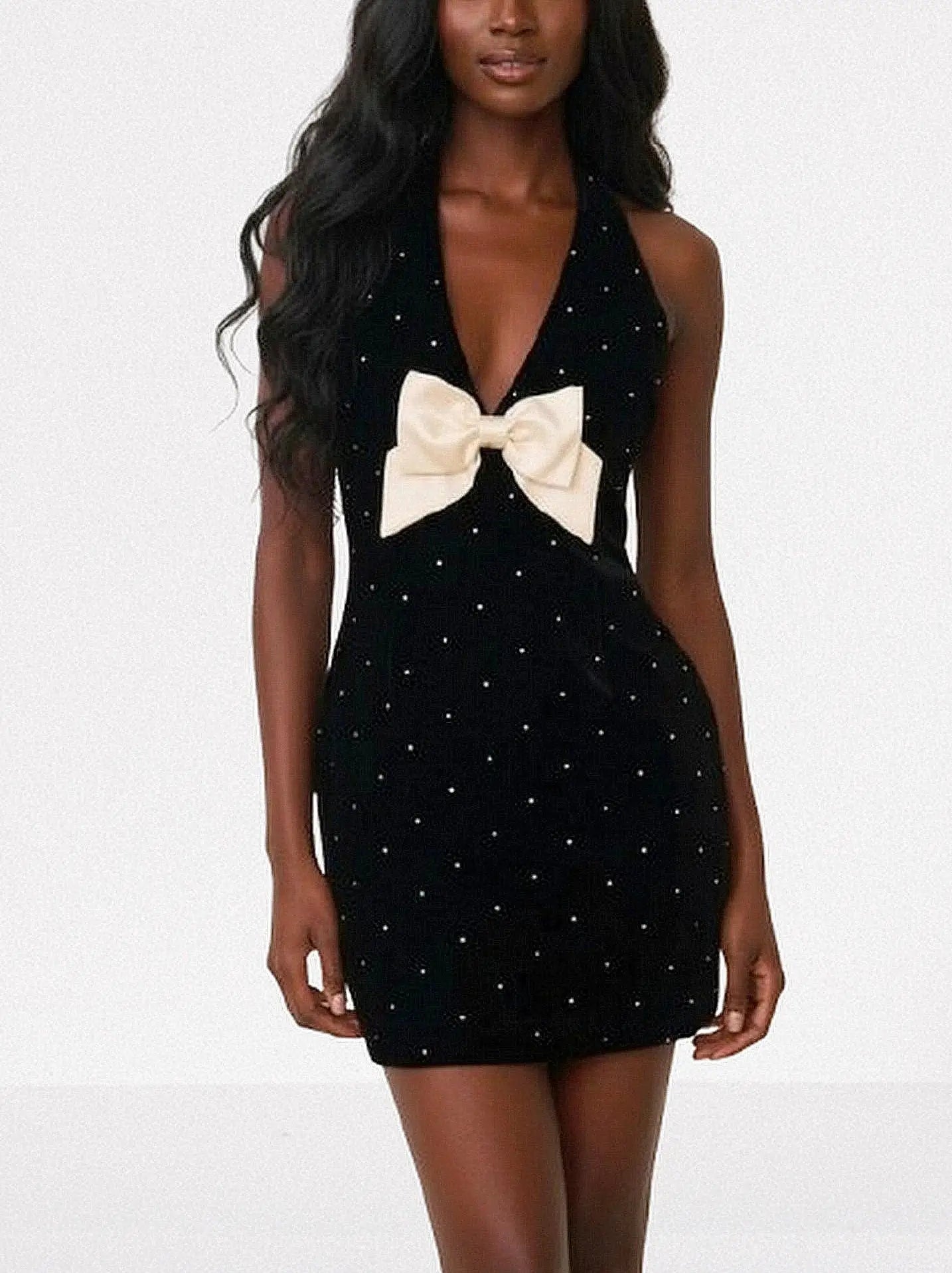 Black Velvet Halter Mini Dress with Rhinestones and Bow - Dresses