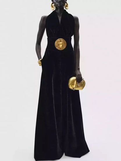 Black Velvet Halter Neck Jumpsuit - Suits & Sets
