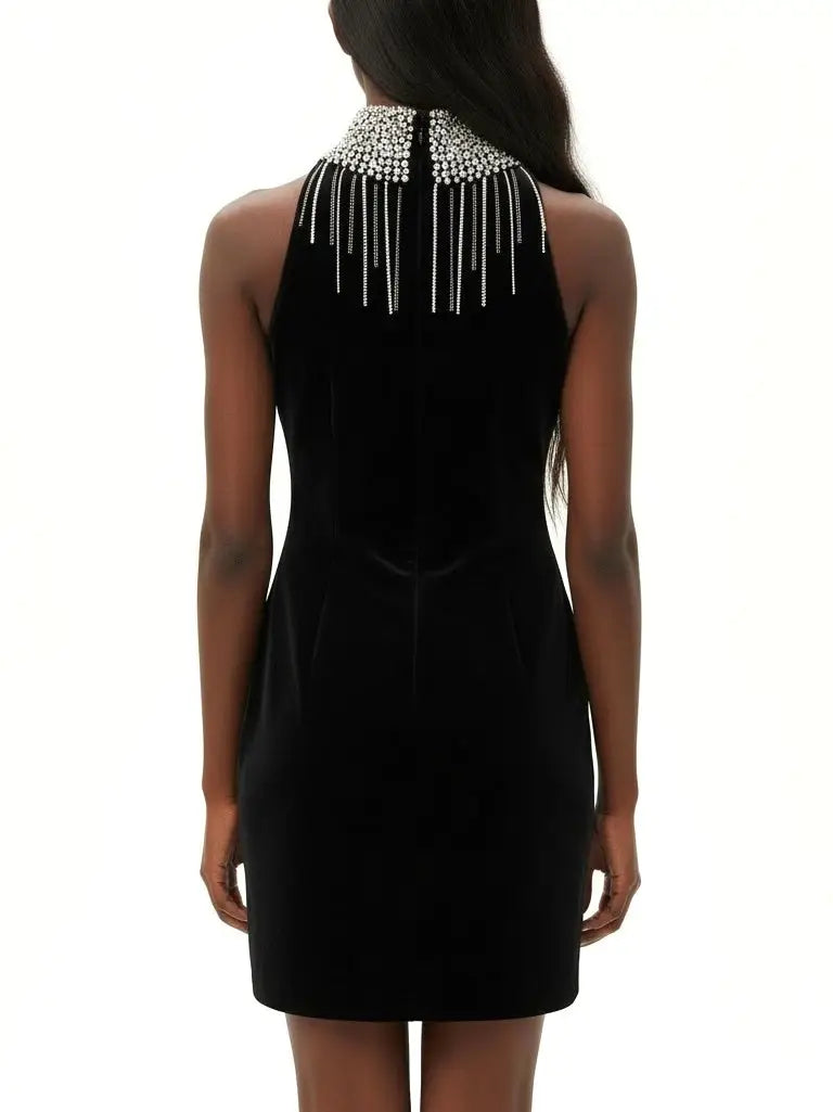 Black Velvet High-Neck Crystal-Fringe Mini Dress - Dresses