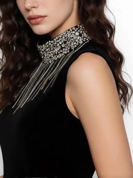 Black Velvet High-Neck Crystal-Fringe Mini Dress - Dresses