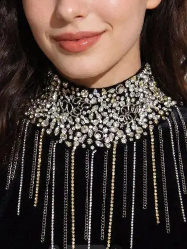 Black Velvet High-Neck Crystal-Fringe Mini Dress - Dresses