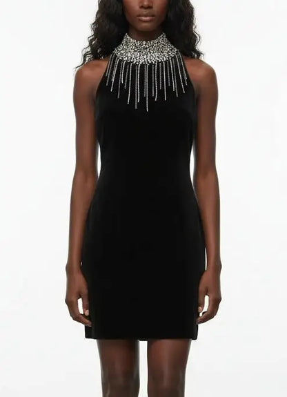 Black Velvet High-Neck Crystal-Fringe Mini Dress - Dresses