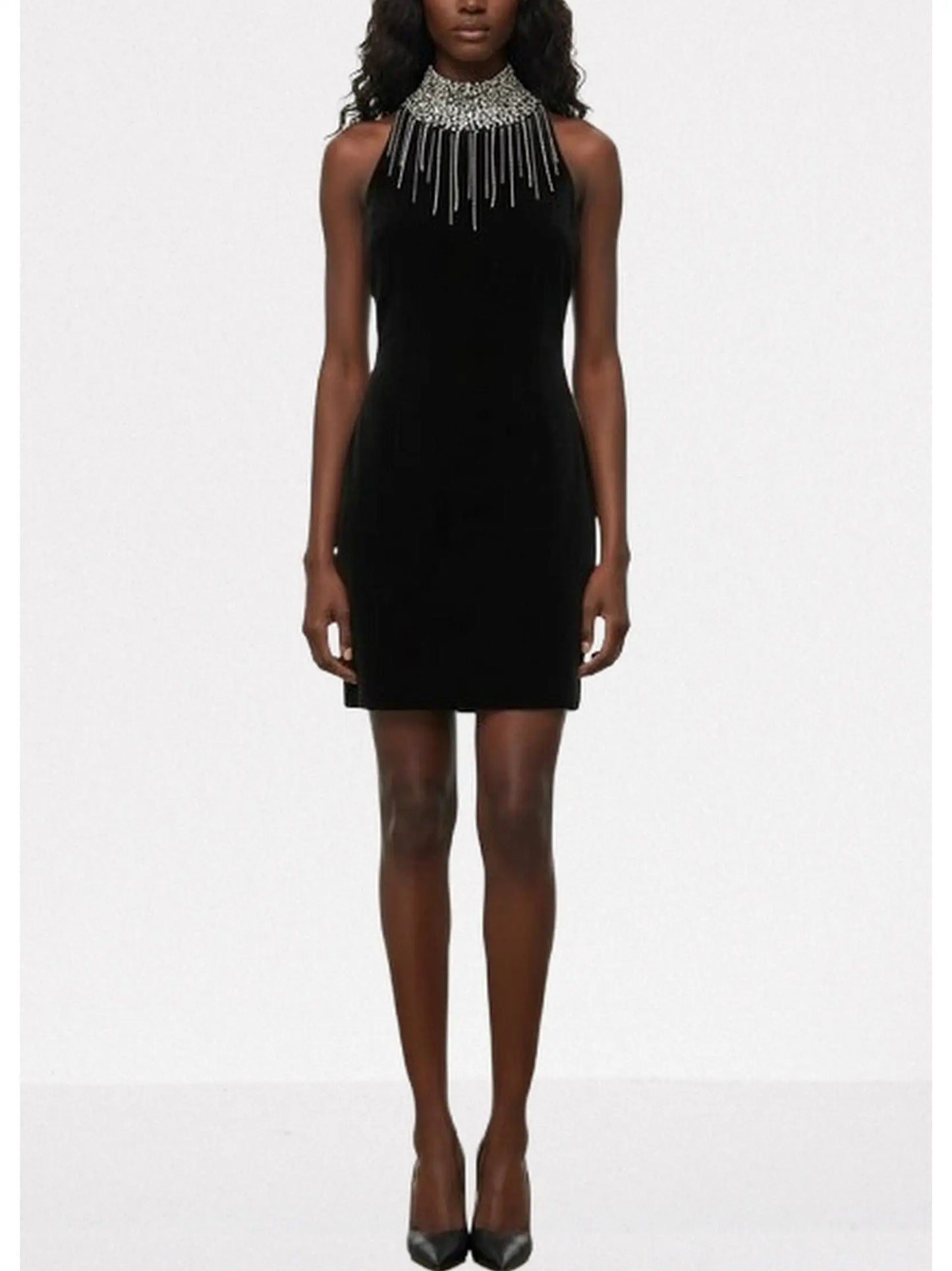 Black Velvet High-Neck Crystal-Fringe Mini Dress - Dresses