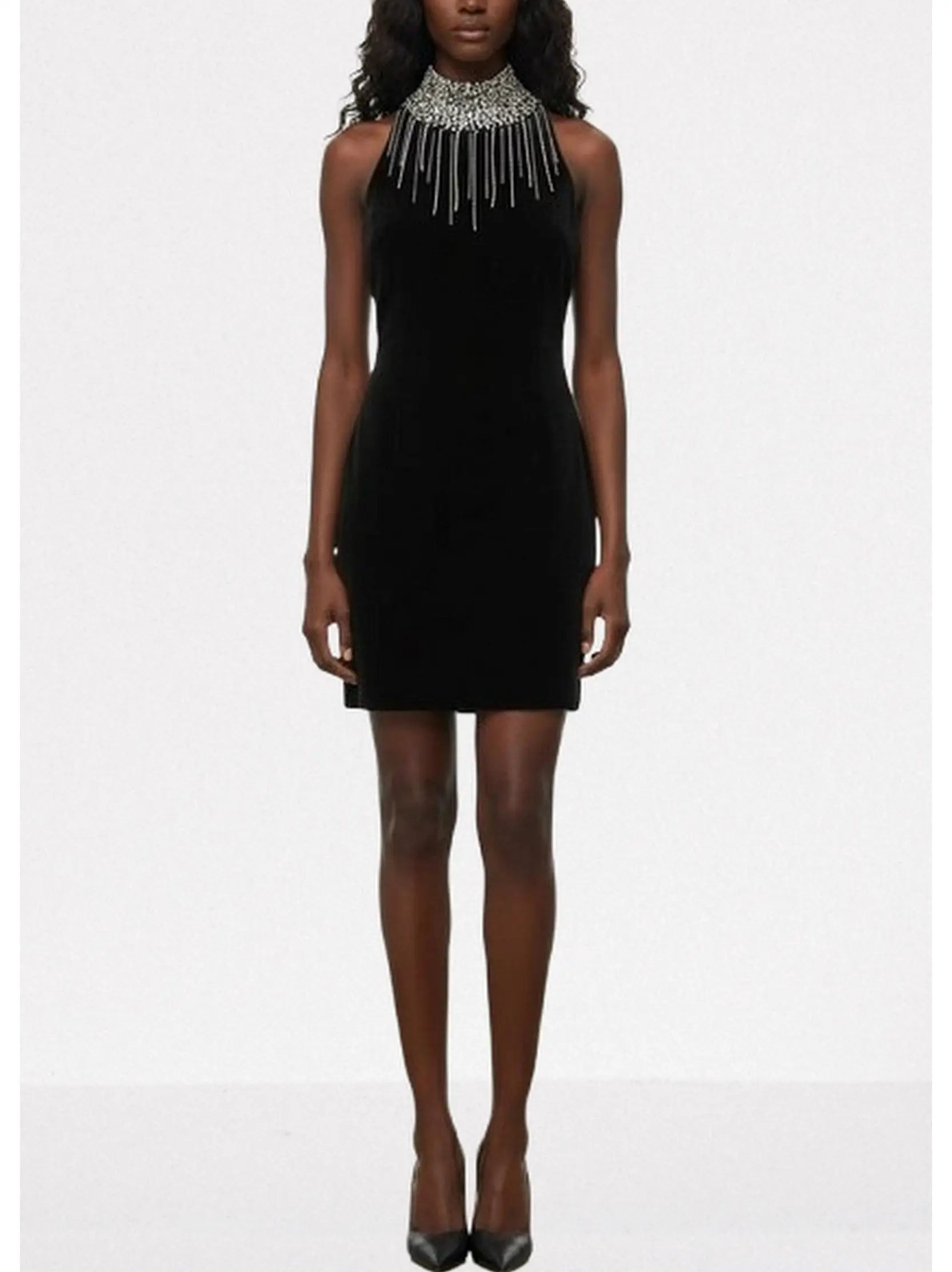 Black Velvet High-Neck Crystal-Fringe Mini Dress - Dresses