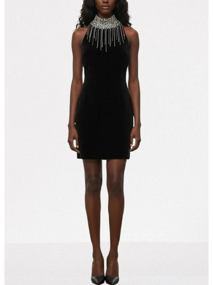 Black Velvet High-Neck Crystal-Fringe Mini Dress - Dresses