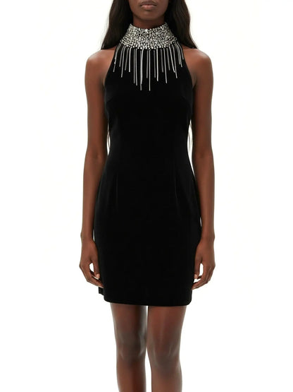 Black Velvet High-Neck Crystal-Fringe Mini Dress - Dresses