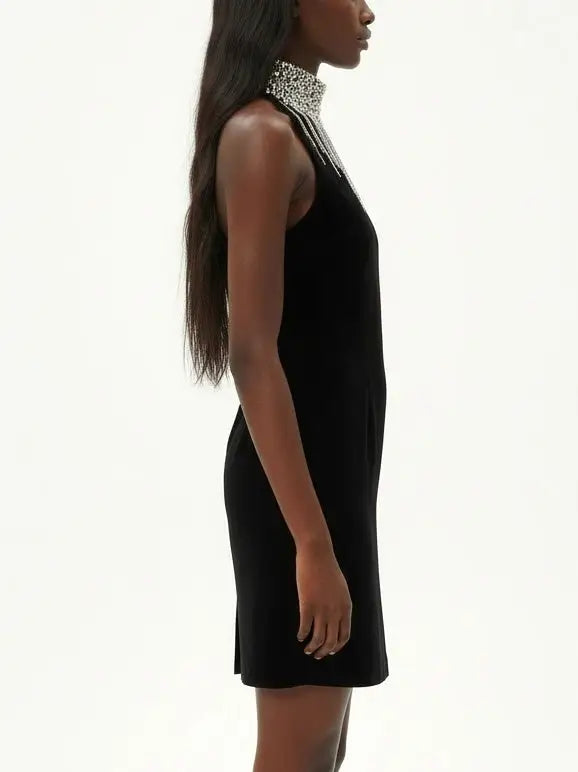 Black Velvet High-Neck Crystal-Fringe Mini Dress - Dresses