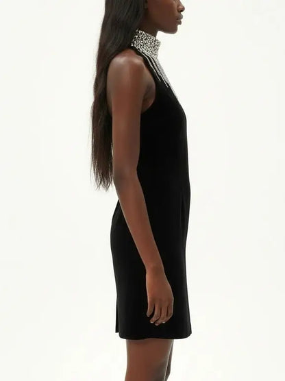 Black Velvet High-Neck Crystal-Fringe Mini Dress - Dresses