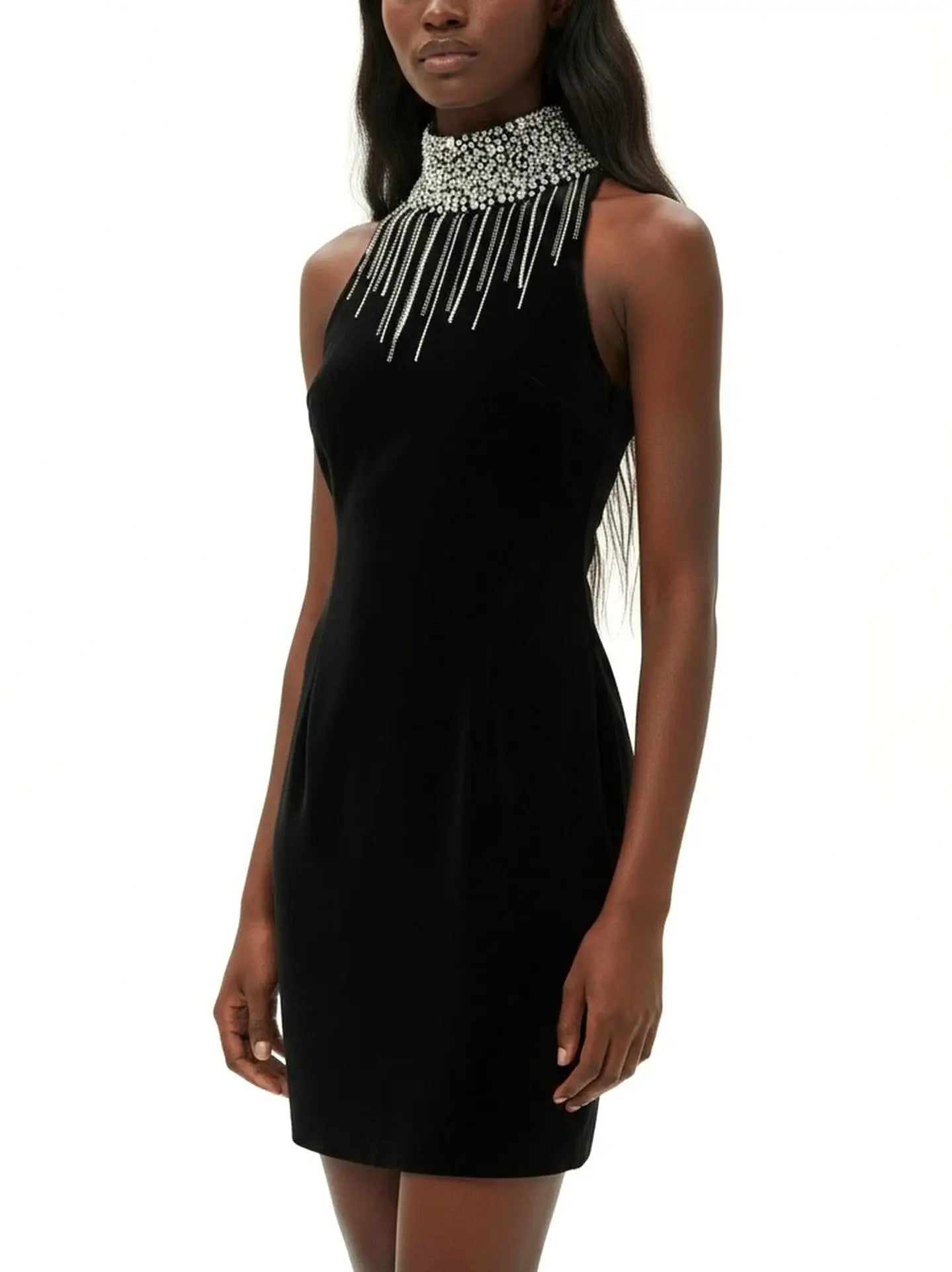 Black Velvet High-Neck Crystal-Fringe Mini Dress - Dresses