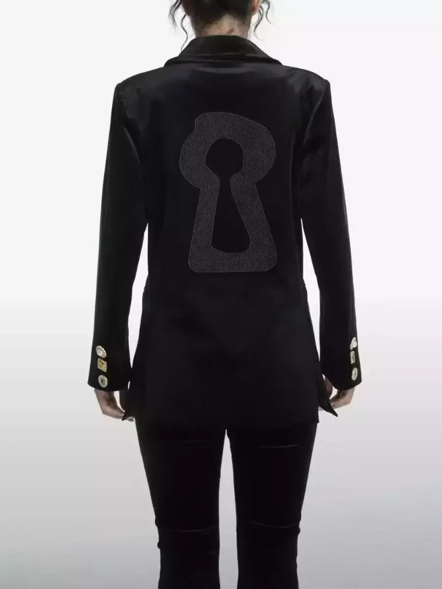 Black Velvet Jacket with Keyhole Embroidery - Jackets
