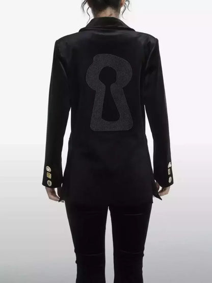 Black Velvet Jacket with Keyhole Embroidery - Jackets