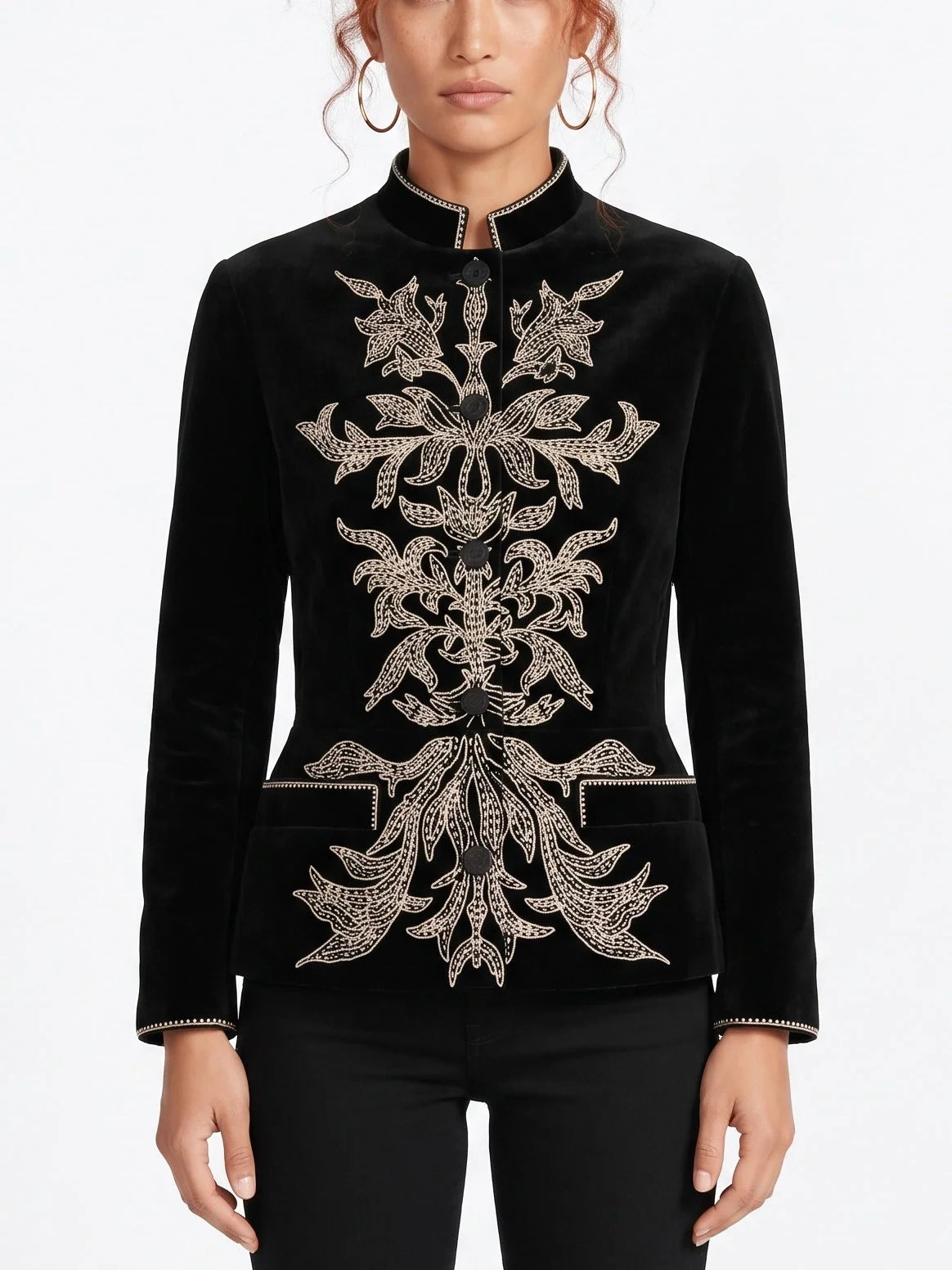 Black Velvet Jacket with Pearl Embroidery - Jackets