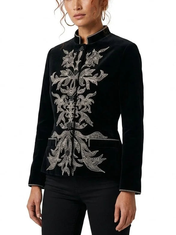 Black Velvet Jacket with Pearl Embroidery - Jackets