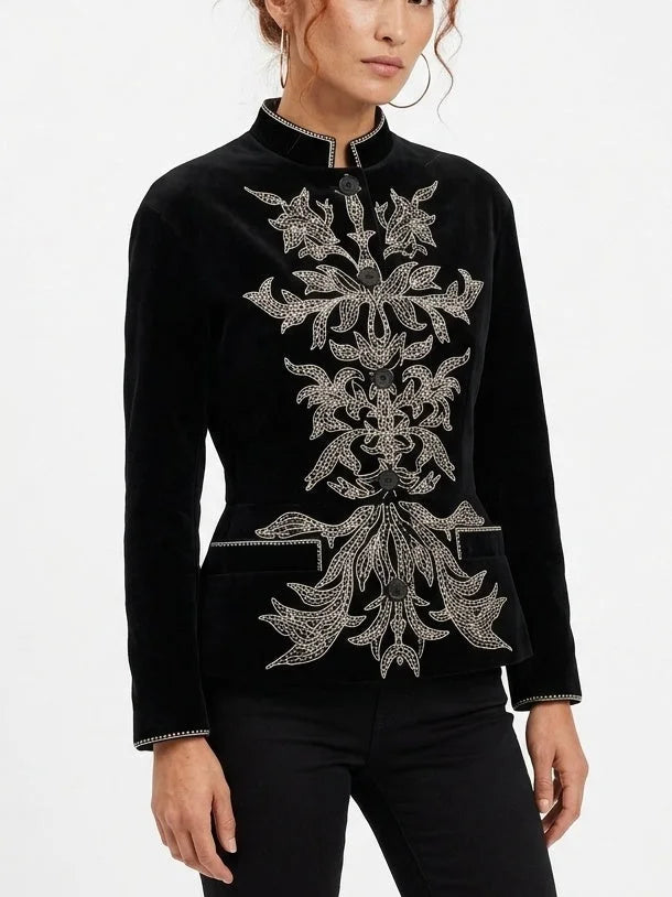 Black Velvet Jacket with Pearl Embroidery - Jackets