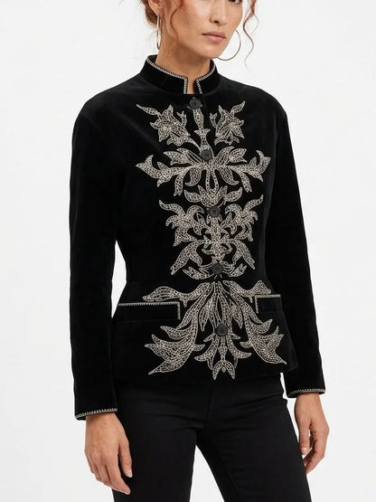 Black Velvet Jacket with Pearl Embroidery - Jackets